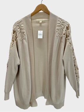 Cactus + Pearl Lace Sleeve Open Front Knit Cardigan Embroidered Ivory XL